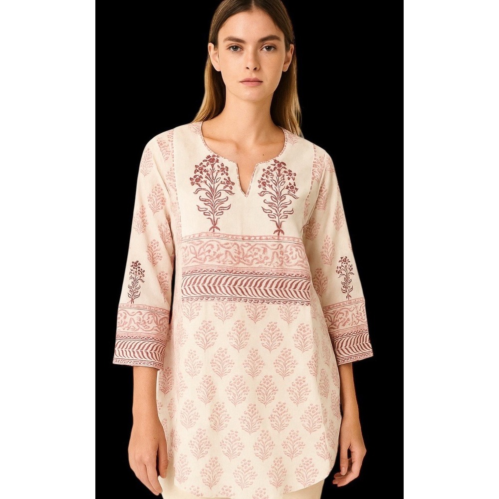 Kilol Tunic Top M Hand Block Print‎ 3/4 Sleeve Piping Cotton NWT